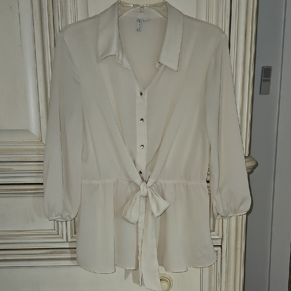 Cato Ivory Button-Up Blouse with Waist Tie